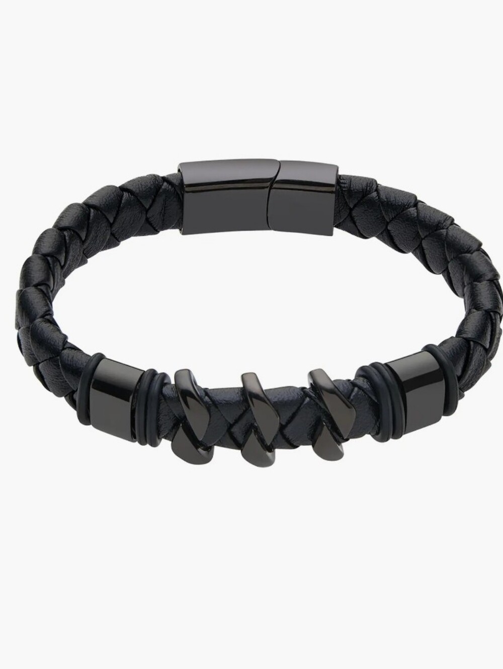 Braided Black Leather & Gunmetal Bracelet